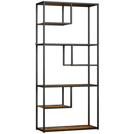 Industrial 7-Tier Metal Bookcase Shelf for Living Room & Office - Rustic Brown