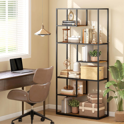 Industrial 7-Tier Metal Bookcase Shelf for Living Room & Office - Rustic Brown