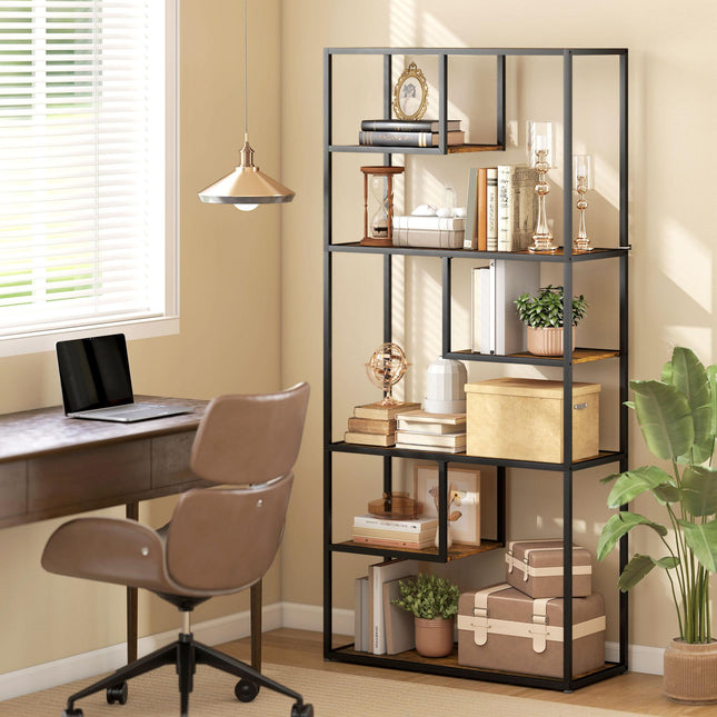 Industrial 7-Tier Metal Bookcase Shelf for Living Room & Office - Rustic Brown