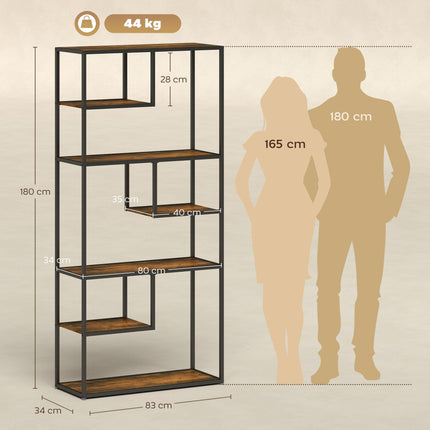 Industrial 7-Tier Metal Bookcase Shelf for Living Room & Office - Rustic Brown