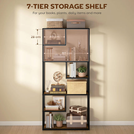 Industrial 7-Tier Metal Bookcase Shelf for Living Room & Office - Rustic Brown