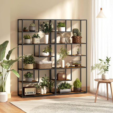 Industrial 7-Tier Metal Bookcase Shelf for Living Room & Office - Rustic Brown