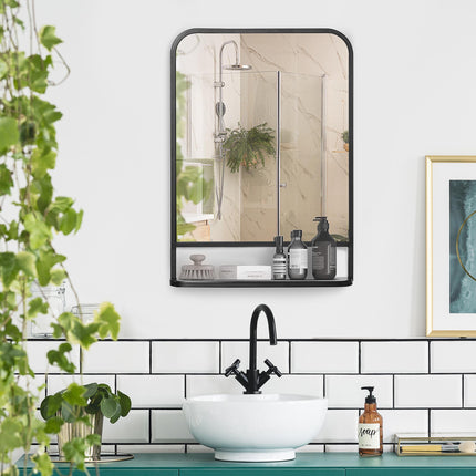 Modern Square Wall Mirror with Storage Shelf 70x50 cm - Black