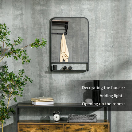 Modern Square Wall Mirror with Storage Shelf 70x50 cm - Black