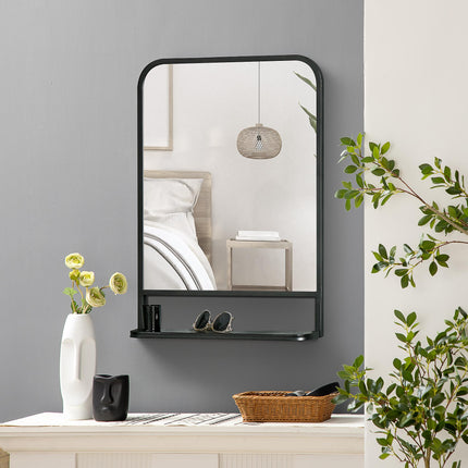 Modern Square Wall Mirror with Storage Shelf 70x50 cm - Black