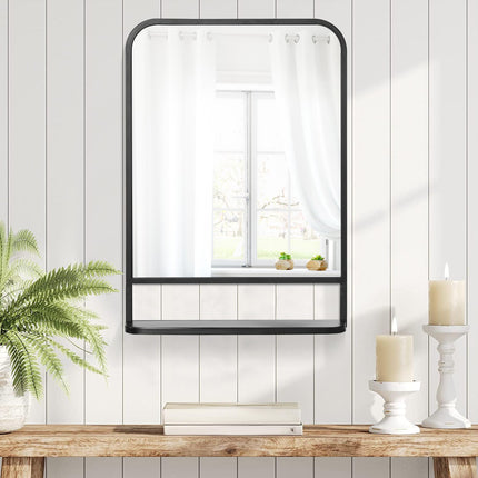Modern Square Wall Mirror with Storage Shelf 70x50 cm - Black