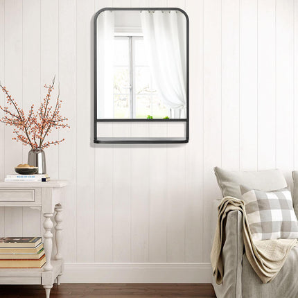 Modern Square Wall Mirror with Storage Shelf 70x50 cm - Black