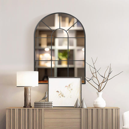 Modern Arched Wall Mirror 91 x 60 cm Window Style with Grid Pattern - Black