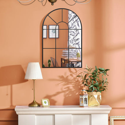 Modern Arched Wall Mirror 91 x 60 cm Window Style with Grid Pattern - Black