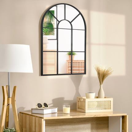Modern Arched Wall Mirror 91 x 60 cm Window Style with Grid Pattern - Black