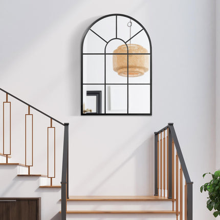 Modern Arched Wall Mirror 91 x 60 cm Window Style with Grid Pattern - Black