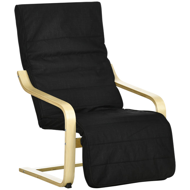 Wooden Recliner Chair with Five-Level Adjustable Footrest - Black