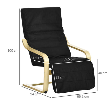 Wooden Recliner Chair with Five-Level Adjustable Footrest - Black