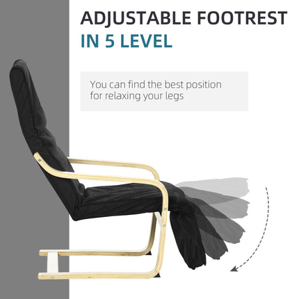 Wooden Recliner Chair with Five-Level Adjustable Footrest - Black