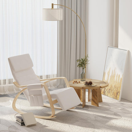 Rocking Lounge Recliner Chair with Adjustable Footrest, Pillow & Side Pocket - Cream White
