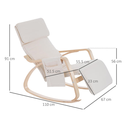 Rocking Lounge Recliner Chair with Adjustable Footrest, Pillow & Side Pocket - Cream White