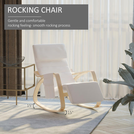 Rocking Lounge Recliner Chair with Adjustable Footrest, Pillow & Side Pocket - Cream White