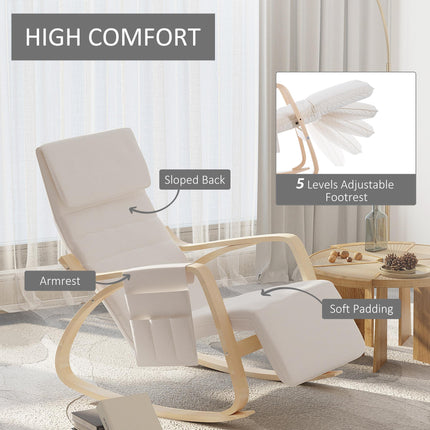 Rocking Lounge Recliner Chair with Adjustable Footrest, Pillow & Side Pocket - Cream White