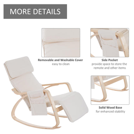 Rocking Lounge Recliner Chair with Adjustable Footrest, Pillow & Side Pocket - Cream White