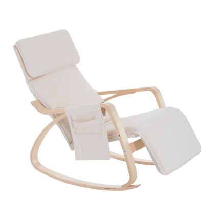 Rocking Lounge Recliner Chair with Adjustable Footrest, Pillow & Side Pocket - Cream White