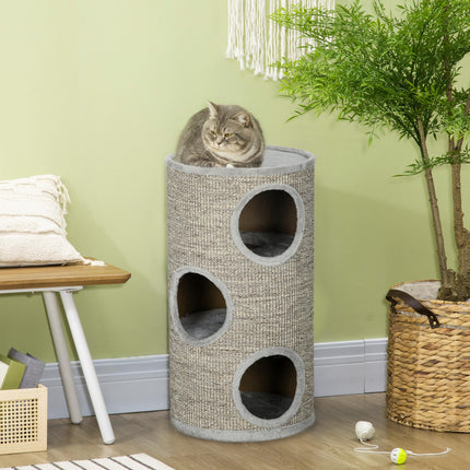 Cat Barrel Kitten Tree Tower with Sisal Climbing Frame and Cosy Platform - Light Grey