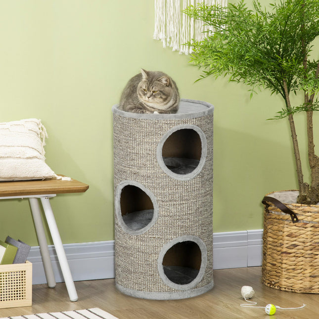Cat Barrel Kitten Tree Tower with Sisal Climbing Frame and Cosy Platform - Light Grey