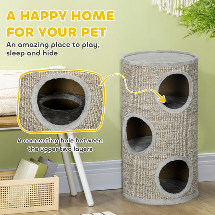 Cat Barrel Kitten Tree Tower with Sisal Climbing Frame and Cosy Platform - Light Grey