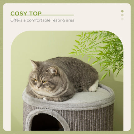 Cat Barrel Kitten Tree Tower with Sisal Climbing Frame and Cosy Platform - Light Grey