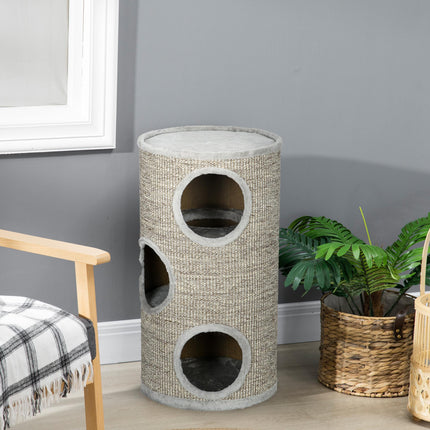 Cat Barrel Kitten Tree Tower with Sisal Climbing Frame and Cosy Platform - Light Grey