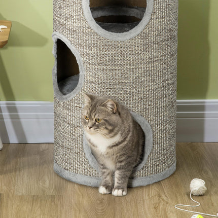 Cat Barrel Kitten Tree Tower with Sisal Climbing Frame and Cosy Platform - Light Grey