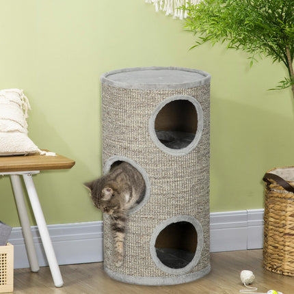 Cat Barrel Kitten Tree Tower with Sisal Climbing Frame and Cosy Platform - Light Grey