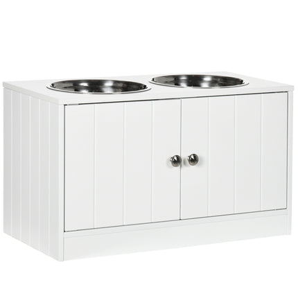 Raised Dog Feeding Station with Storage and 2 Stainless Steel Bowls for Large Dogs - White