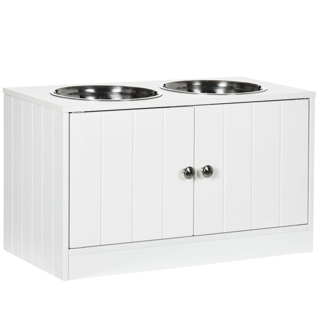 Raised Dog Feeding Station with Storage and 2 Stainless Steel Bowls for Large Dogs - White