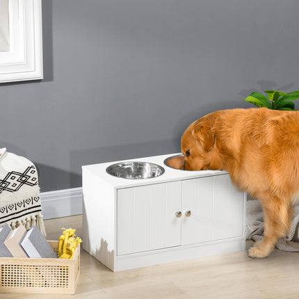 Raised Dog Feeding Station with Storage and 2 Stainless Steel Bowls for Large Dogs - White
