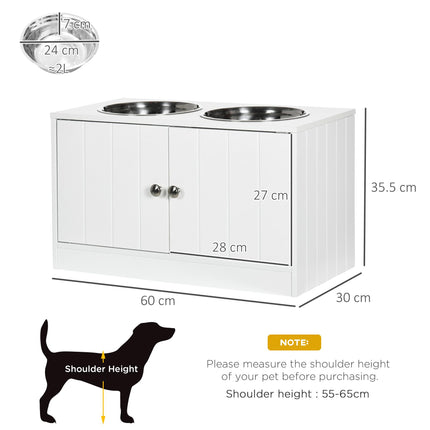 Raised Dog Feeding Station with Storage and 2 Stainless Steel Bowls for Large Dogs - White