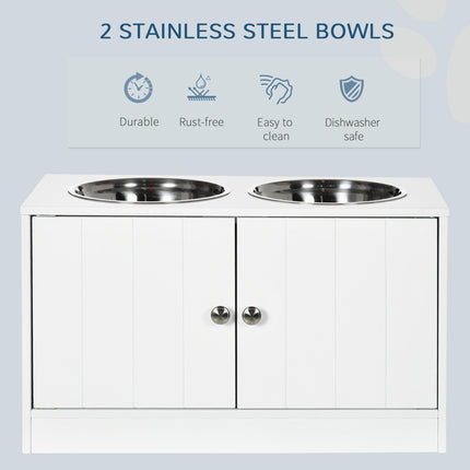 Raised Dog Feeding Station with Storage and 2 Stainless Steel Bowls for Large Dogs - White