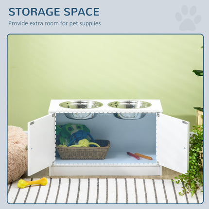 Raised Dog Feeding Station with Storage and 2 Stainless Steel Bowls for Large Dogs - White