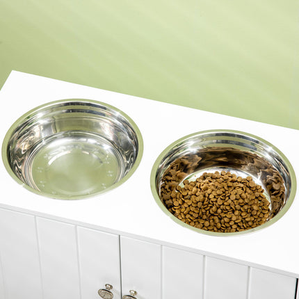 Raised Dog Feeding Station with Storage and 2 Stainless Steel Bowls for Large Dogs - White