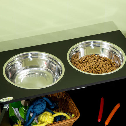 Raised Dog Bowls Feeding Station with Stand, Storage & 2 Stainless Steel Bowls for Large Dogs - Black
