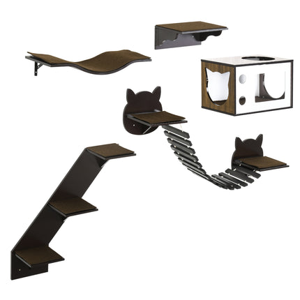 5 Pieces Wall-Mounted Cat Tree with Shelves, Condo, Bridge, Stairs & Perch - Brown