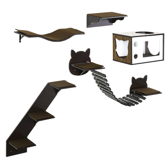 5 Pieces Wall-Mounted Cat Tree with Shelves, Condo, Bridge, Stairs & Perch - Brown