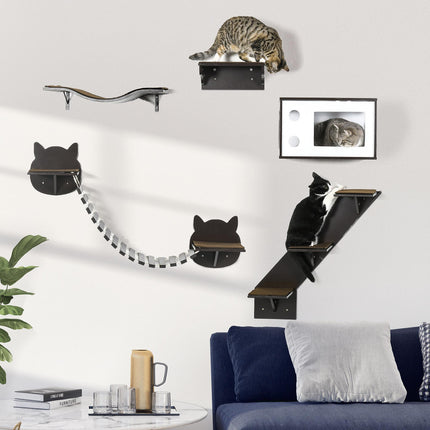 5 Pieces Wall-Mounted Cat Tree with Shelves, Condo, Bridge, Stairs & Perch - Brown