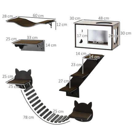 5 Pieces Wall-Mounted Cat Tree with Shelves, Condo, Bridge, Stairs & Perch - Brown