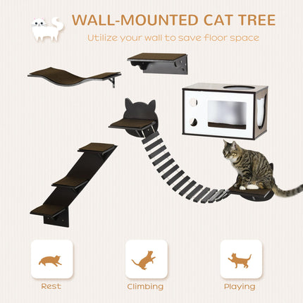 5 Pieces Wall-Mounted Cat Tree with Shelves, Condo, Bridge, Stairs & Perch - Brown