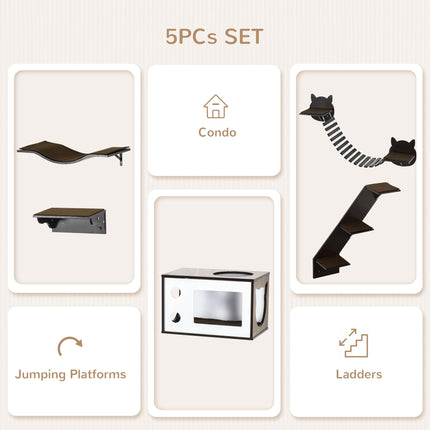 5 Pieces Wall-Mounted Cat Tree with Shelves, Condo, Bridge, Stairs & Perch - Brown