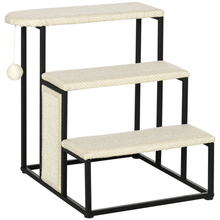 3-Step Cat Stairs with Sisal Scratching Board and Hanging Ball, Steel Frame - Cream White