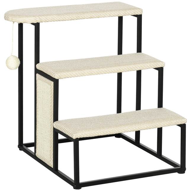 3-Step Cat Stairs with Sisal Scratching Board and Hanging Ball, Steel Frame - Cream White