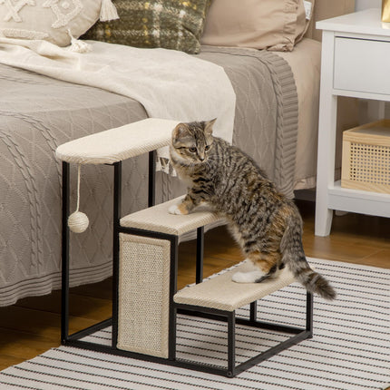 3-Step Cat Stairs with Sisal Scratching Board and Hanging Ball, Steel Frame - Cream White