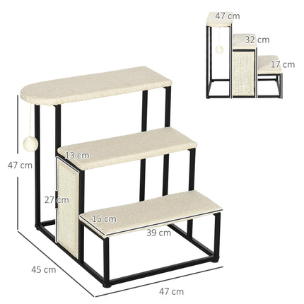 3-Step Cat Stairs with Sisal Scratching Board and Hanging Ball, Steel Frame - Cream White