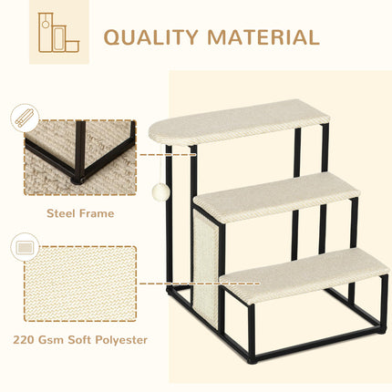 3-Step Cat Stairs with Sisal Scratching Board and Hanging Ball, Steel Frame - Cream White
